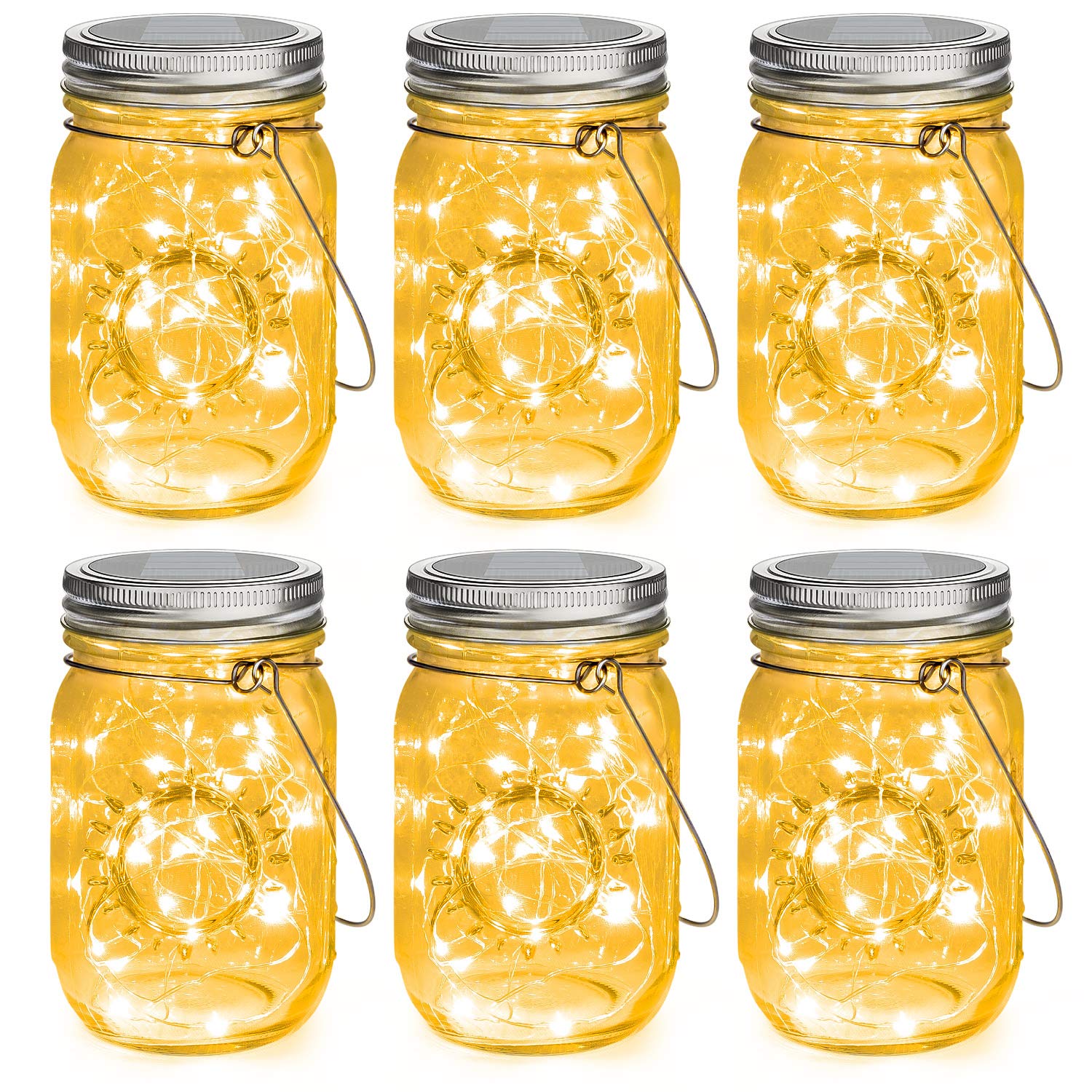 Mlambert Mason Jar Solar Lights 30 LEDs warm white close-up glow for outdoor evenings.