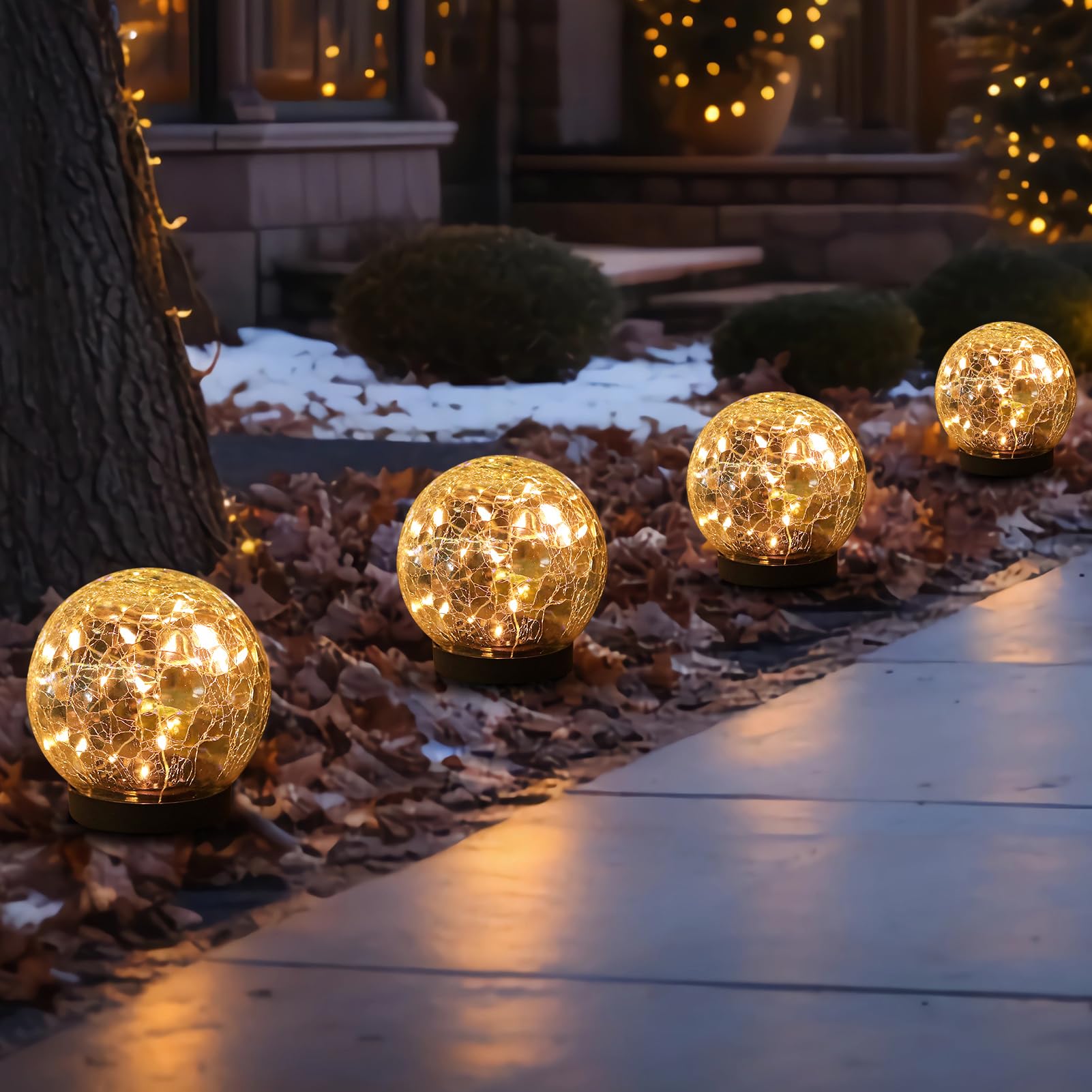 MLKNK Solar Globe Lights illuminate cracked-glass balls for durable outdoor ambiance.