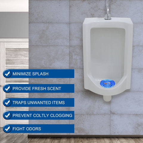 close-up of blue mlyikhv urinal screen showing anti-splash design
