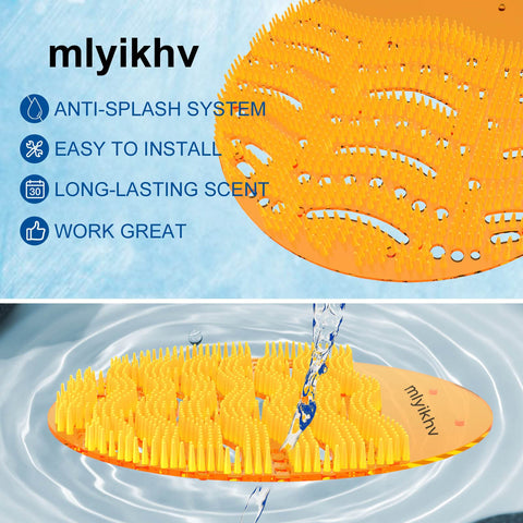 close-up of orange mlyikhv urinal screen with visible drain view
