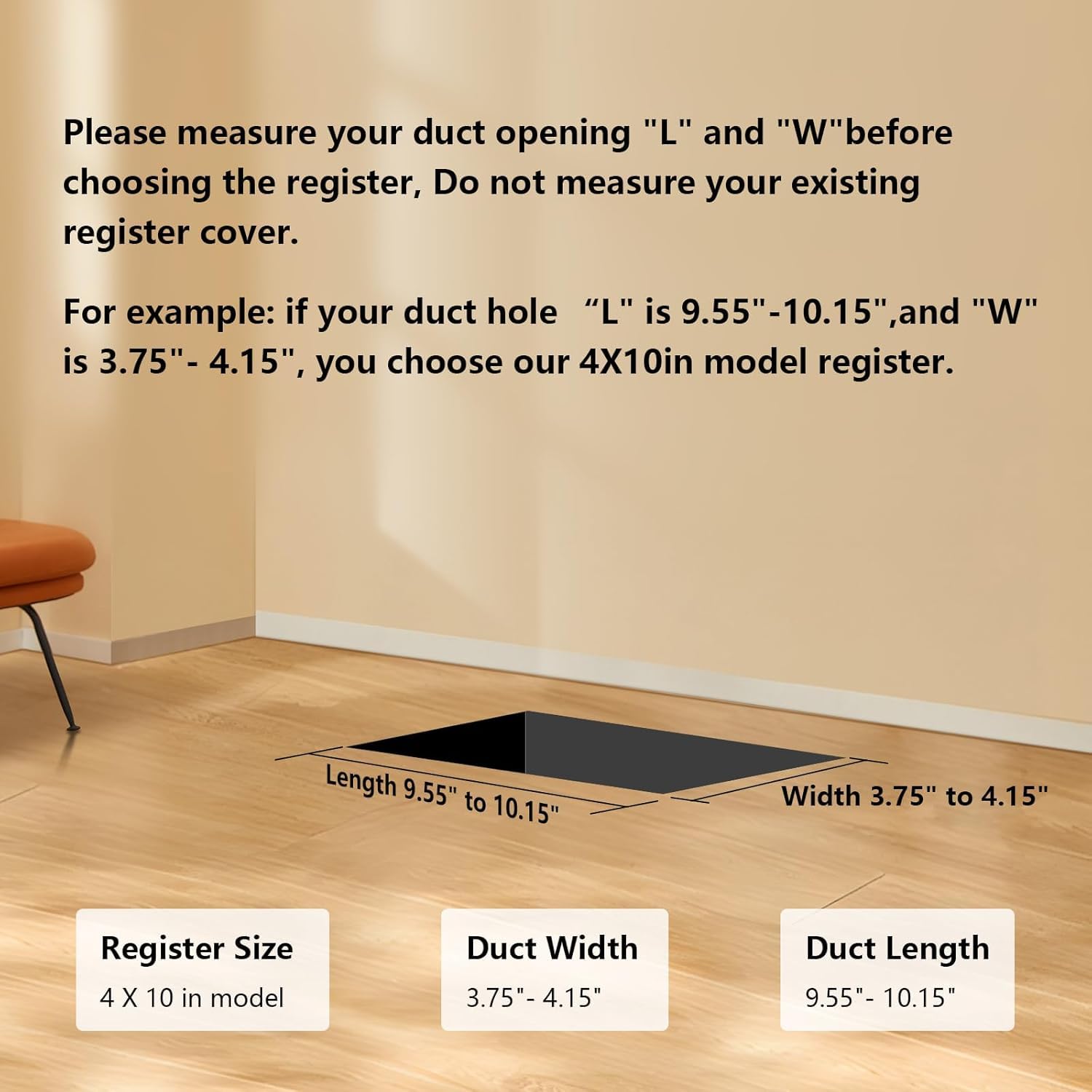 MMFSF floor vent cover 4x10 installed in a room setting