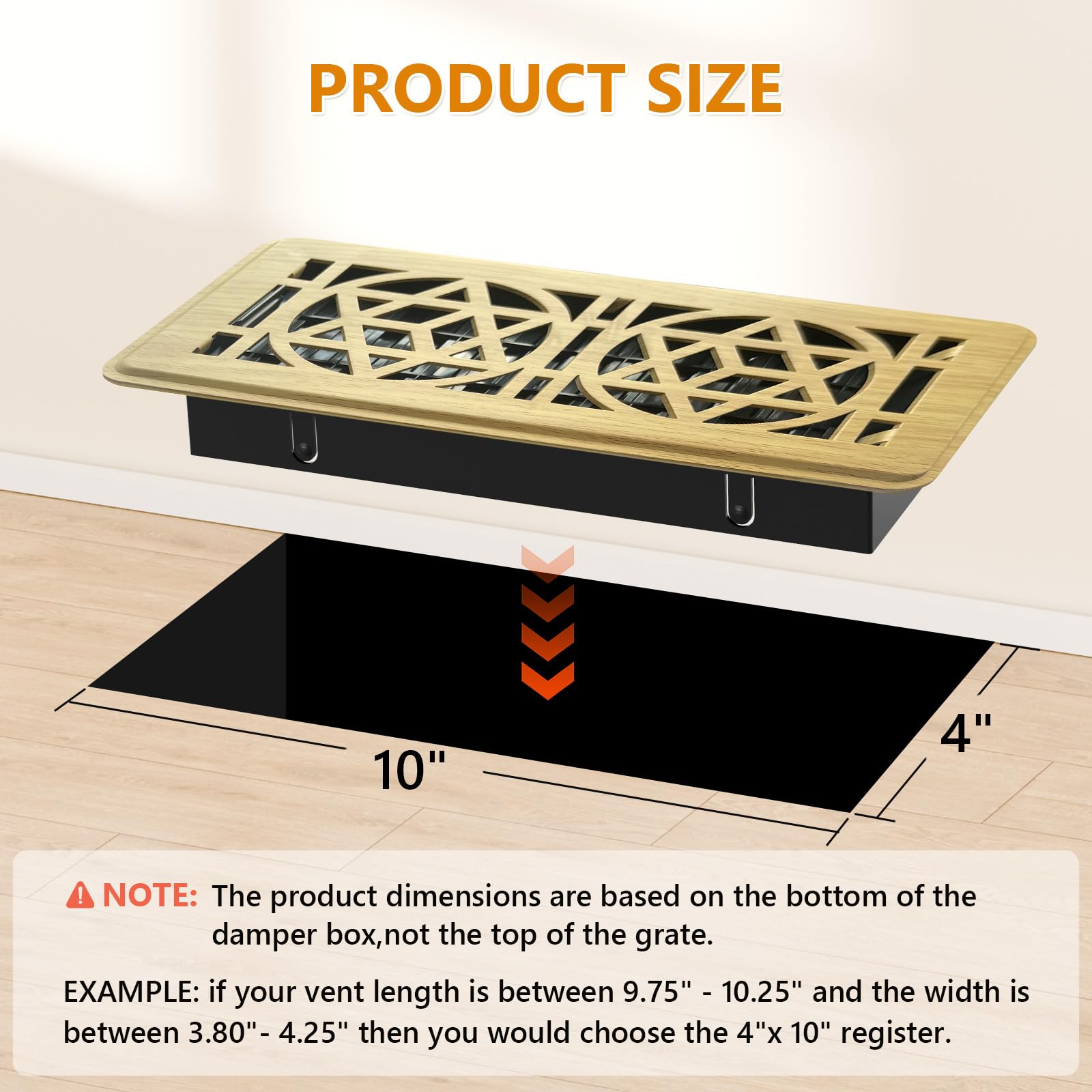 MMFSF heavy-duty floor register 4x10 in place, highlighting rust-proof steel construction for longevity.