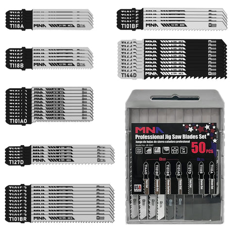 MNA 50-piece blade set with carry case for organized workshop storage.
