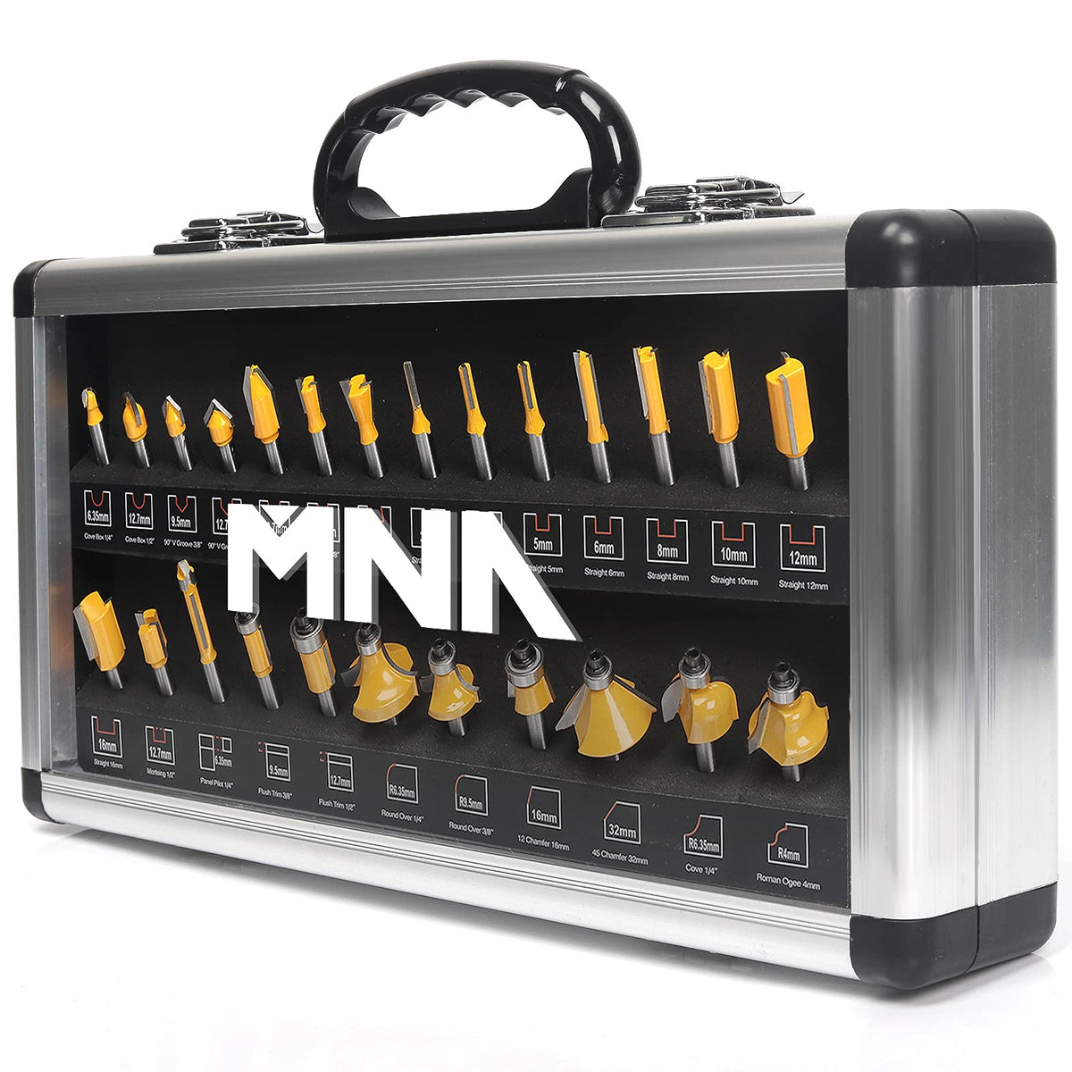 MNA router bit set 25pc 1-4in case close-up showcases organized aluminium case.
