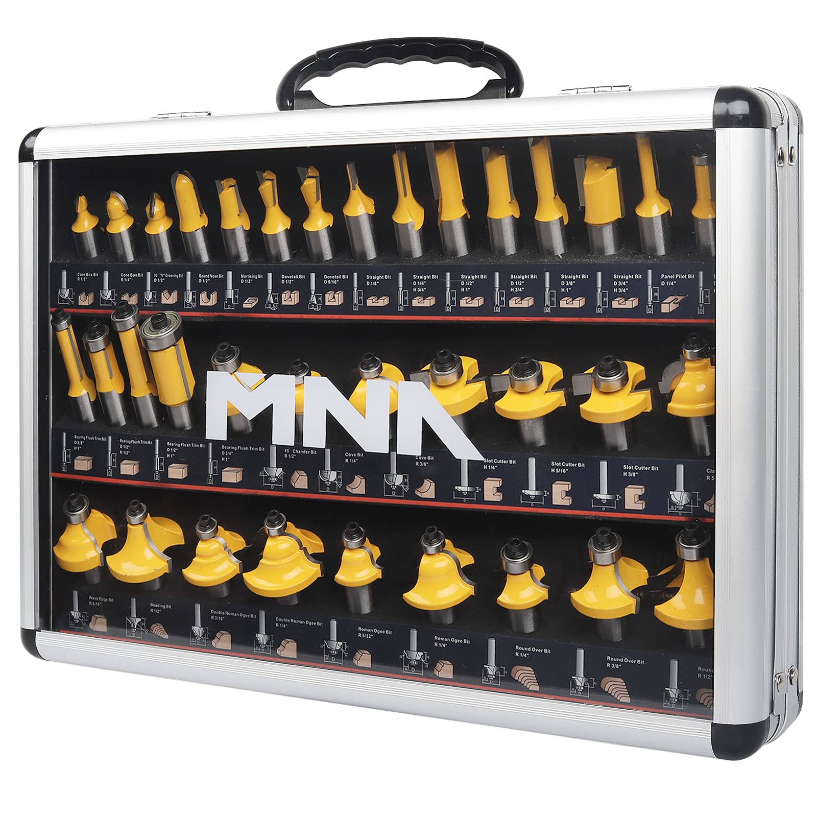 MNA Router Bits 35pcs case open showing organized carbide bits for quick setup.