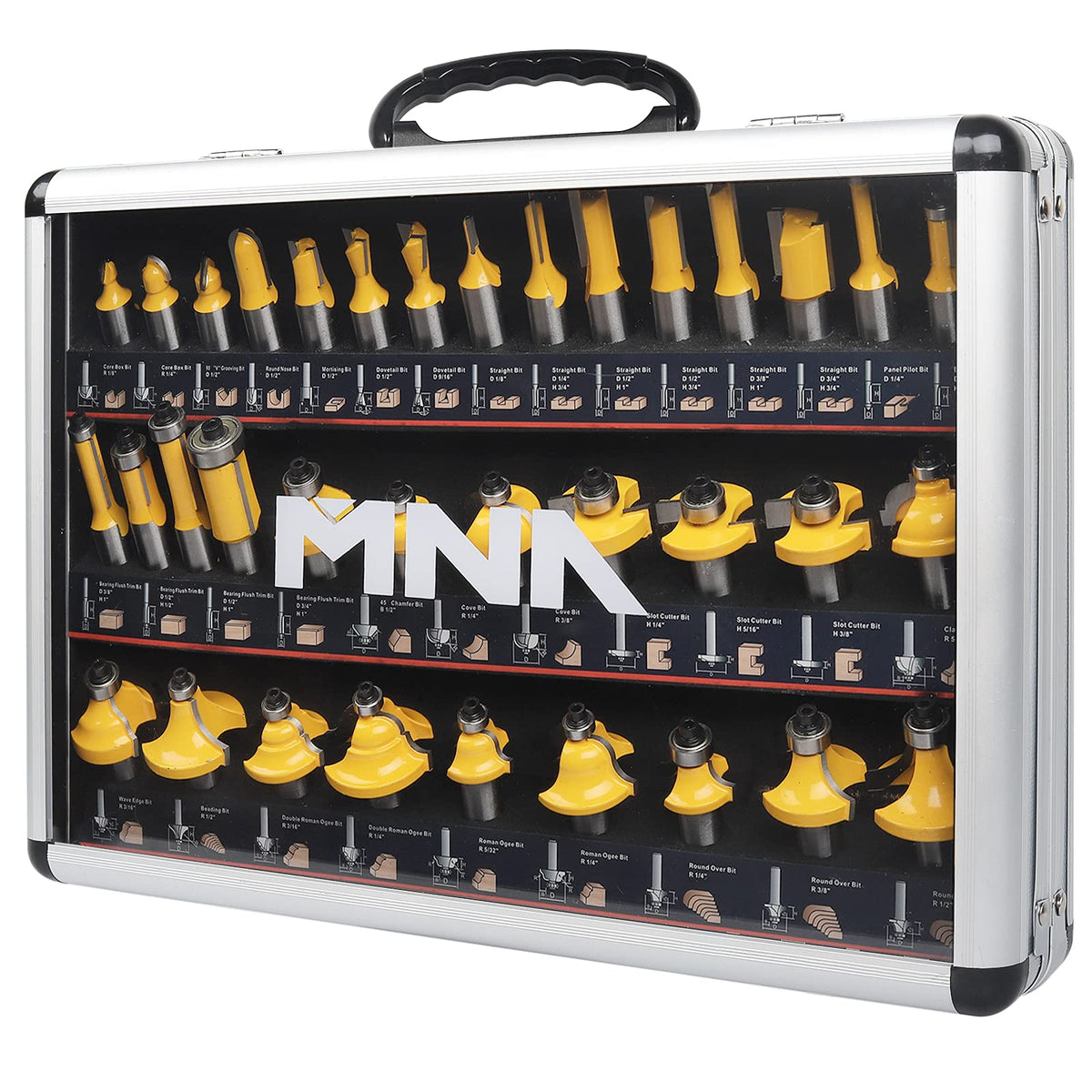 MNA Router Bits 35pcs case open showing organized carbide bits for quick setup.