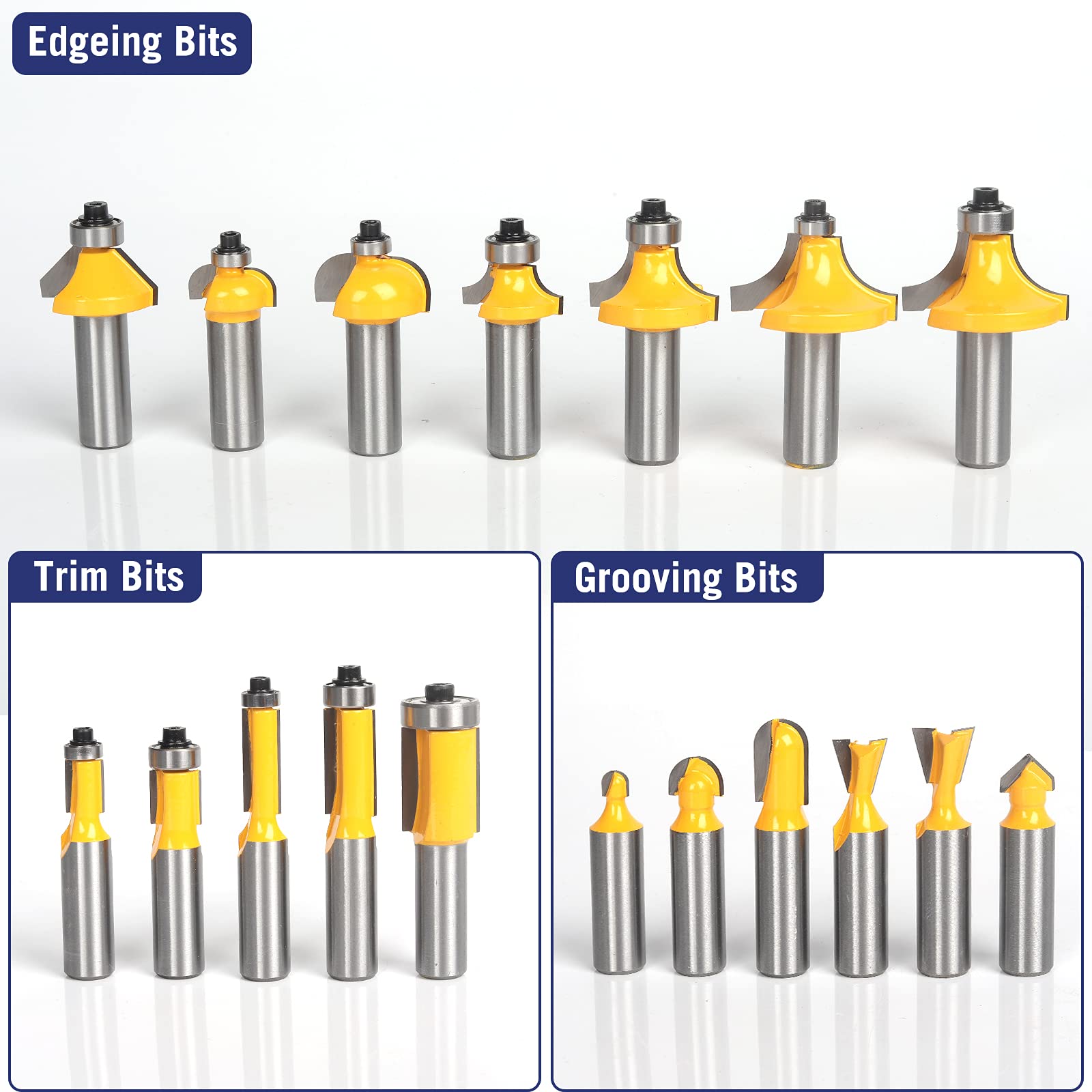 MNA Router Bits 35pcs set variety heads highlights versatility for profiles and finishes.
