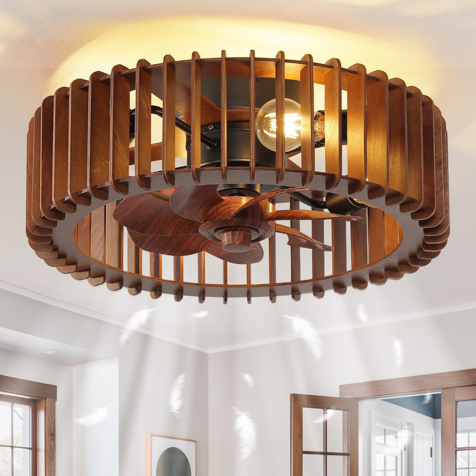 mnikopE 20'' flush mount caged fan front view enhances bedroom ambiance and airflow