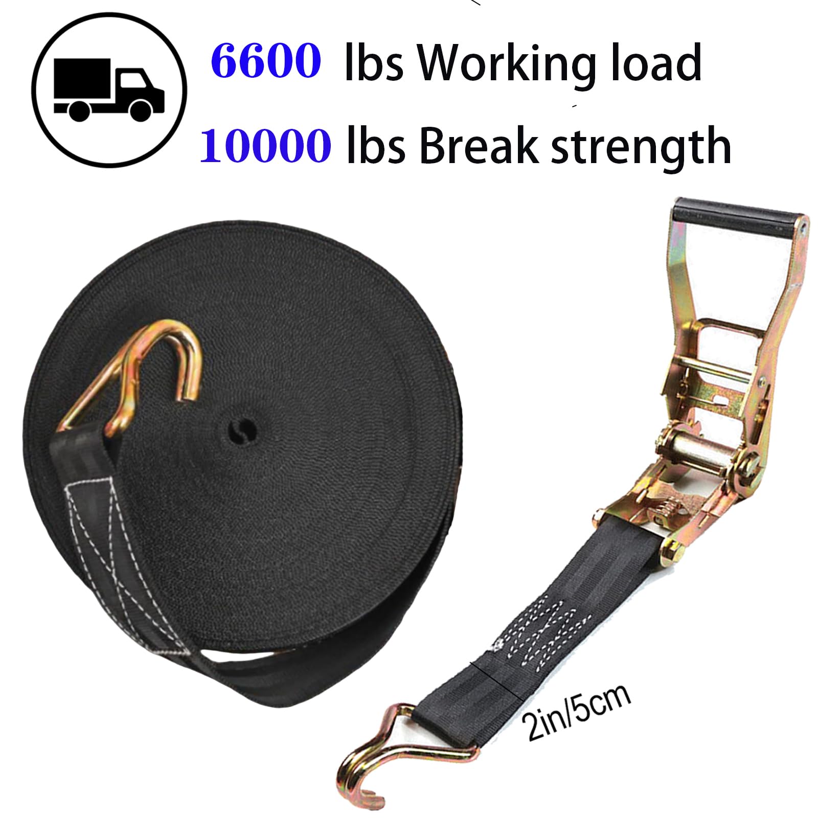 MNMAJE cargo tie-down strap securing pallets and equipment.