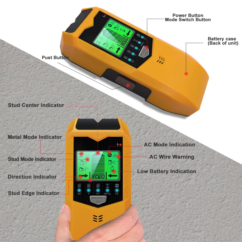 MOCITA Stud Finder metal-detection mode locates metal studs for heavy hardware.