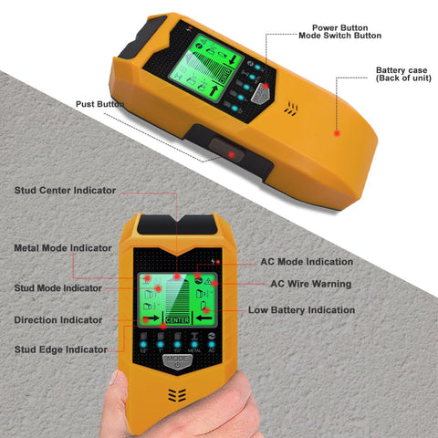MOCITA Stud Finder metal-detection mode locates metal studs for heavy hardware.
