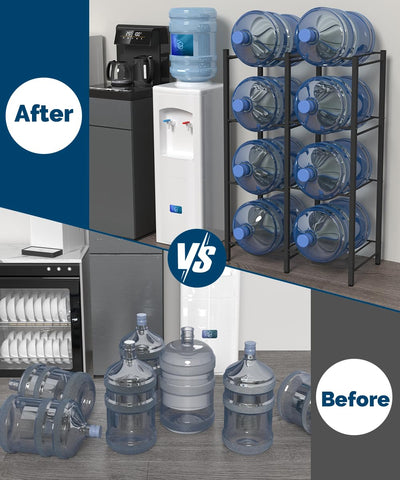 Mocomax water jug rack side view highlights robust tubular steel for durable long-term use.
