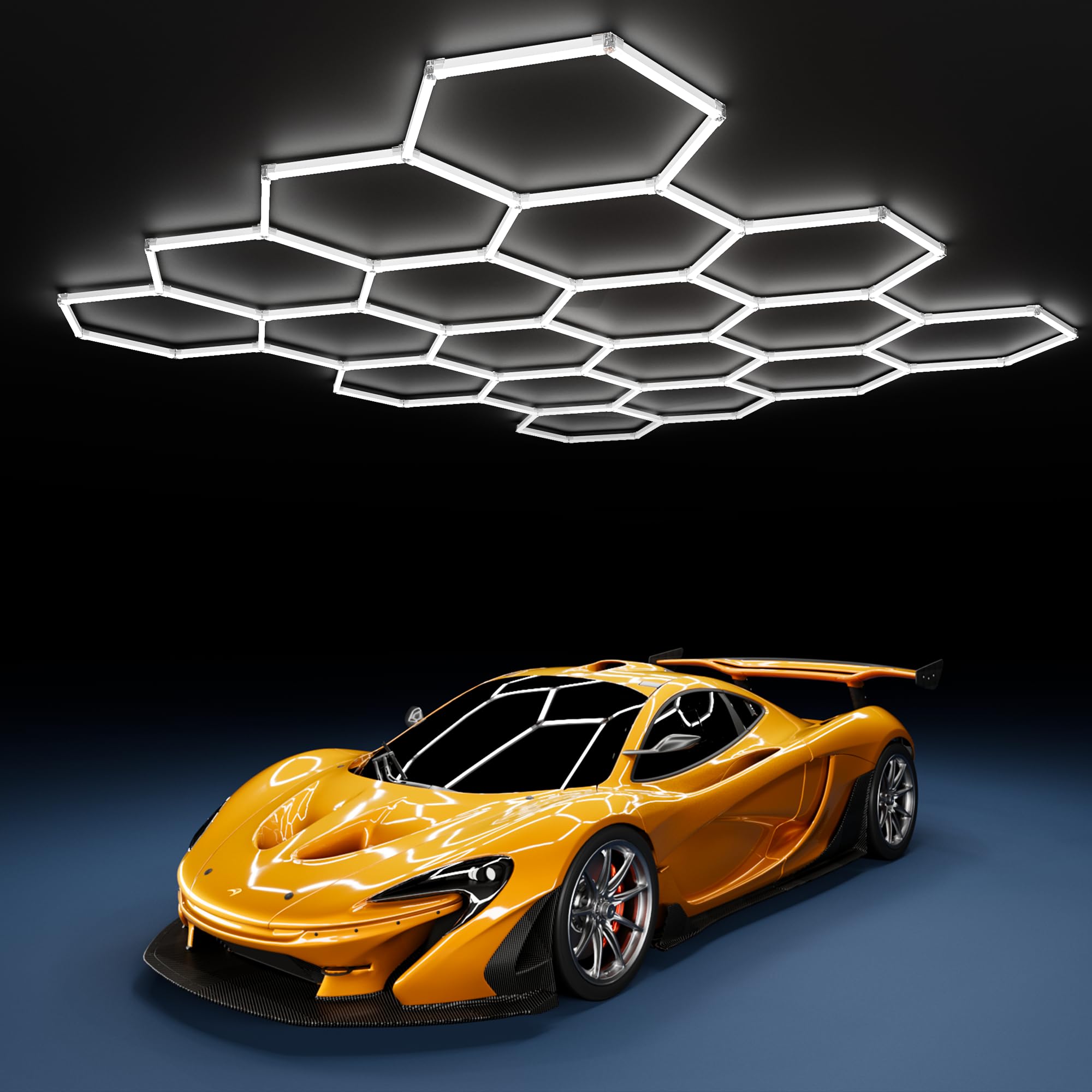 MODERN 18Grids hexagon light installation demonstrates modular, easy setup for garages.