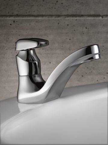Moen 8884 chrome metering faucet side profile highlights compact installation.