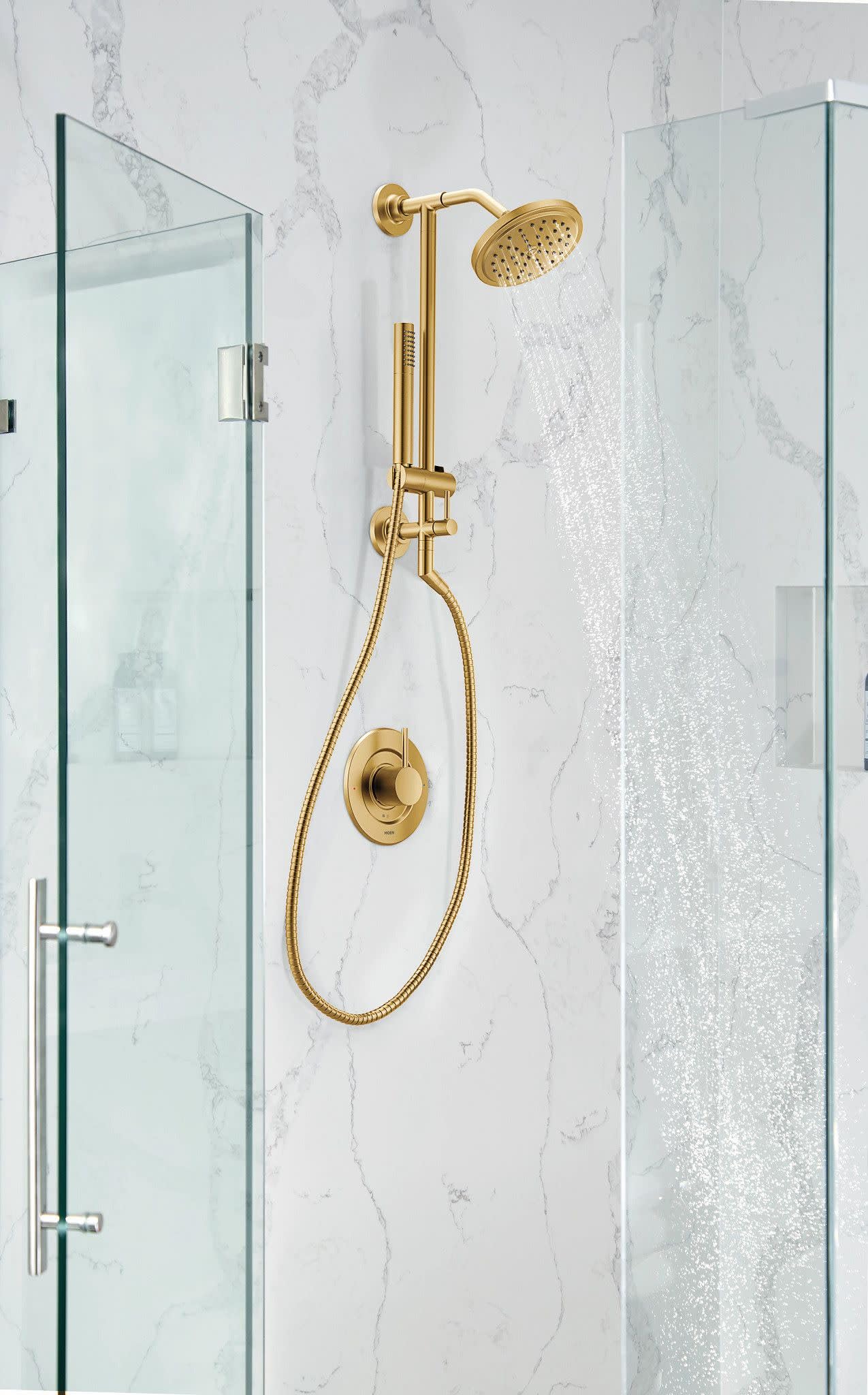 Moen Align brushed gold finish detail adds modern elegance to showers