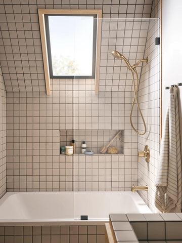 Moen Beric Bronzed Gold ADA compatibility image shows accessible shower control.