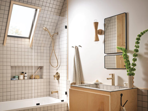 Moen Beric Bronzed Gold tub installation demonstrates a stylish bath upgrade.
