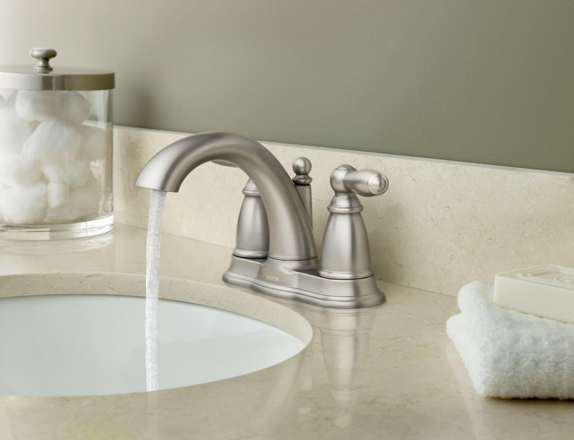Two-handle levers on Moen Brantford enable precise temperature and flow control.