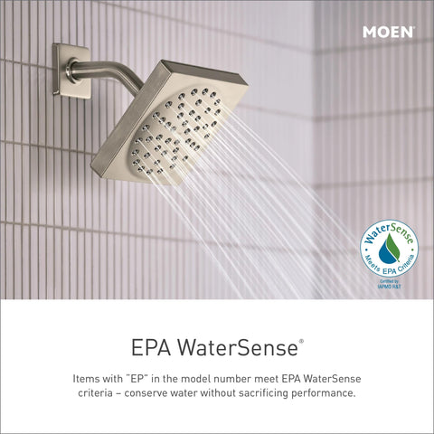 Moen Brantford brushed nickel finish detail communicates premium bath aesthetics.