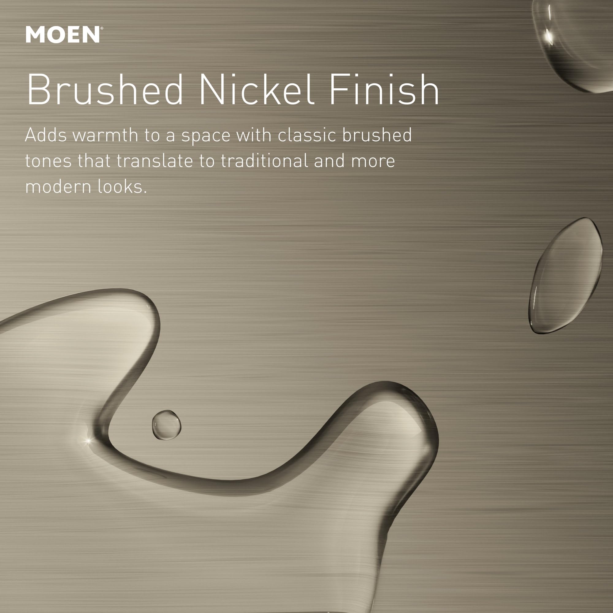 Close detail of Moen Brantford brushed nickel finish resisting fingerprints.