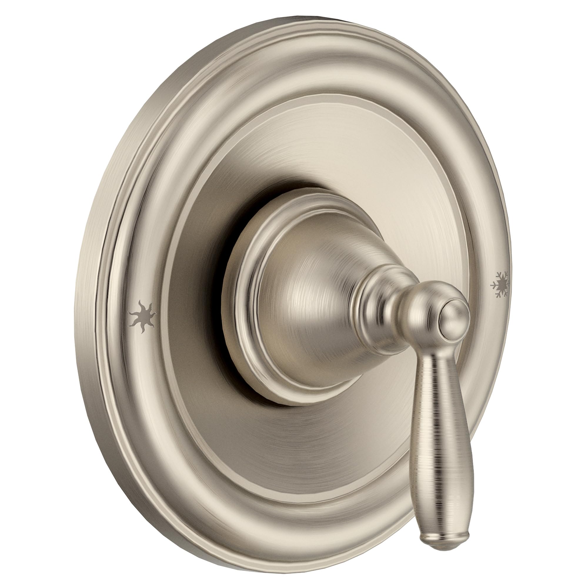 Moen Brantford brushed nickel trim front view showing timeless bathroom style.