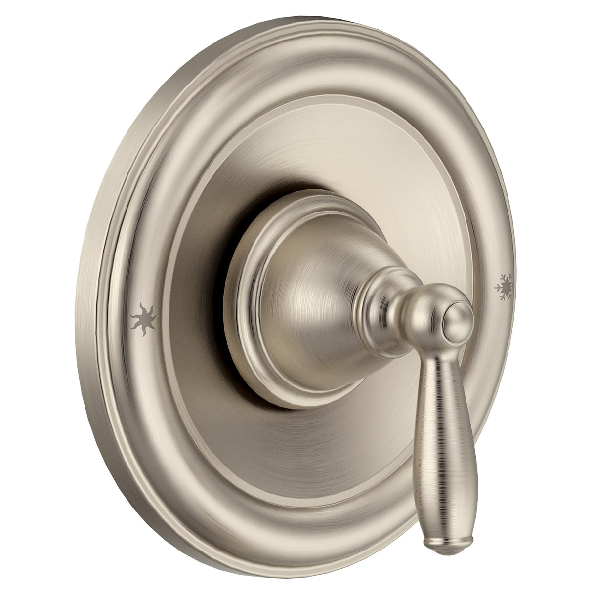 Moen Brantford brushed nickel trim front view showing timeless bathroom style.