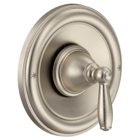 Moen Brantford brushed nickel trim front view showing timeless bathroom style.