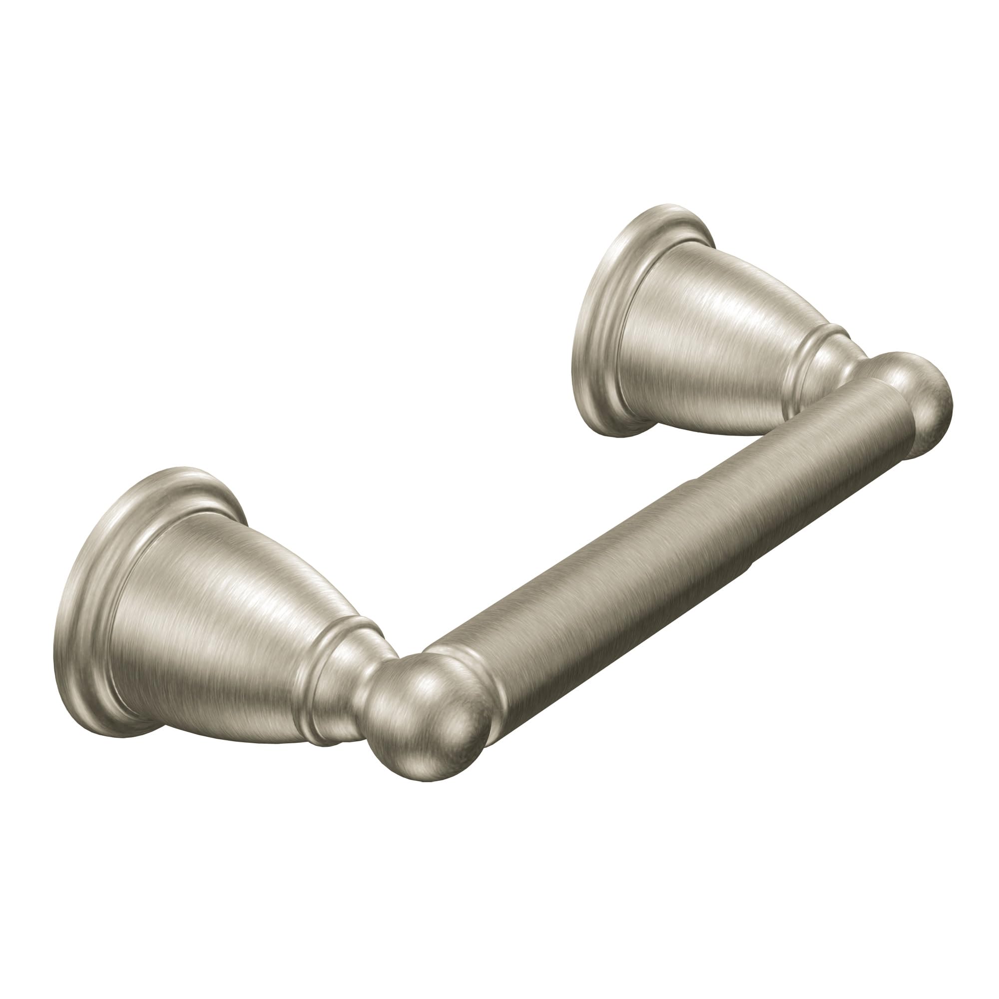 Moen Brantford brushed nickel wall-mounted holder with easy roll replacement.