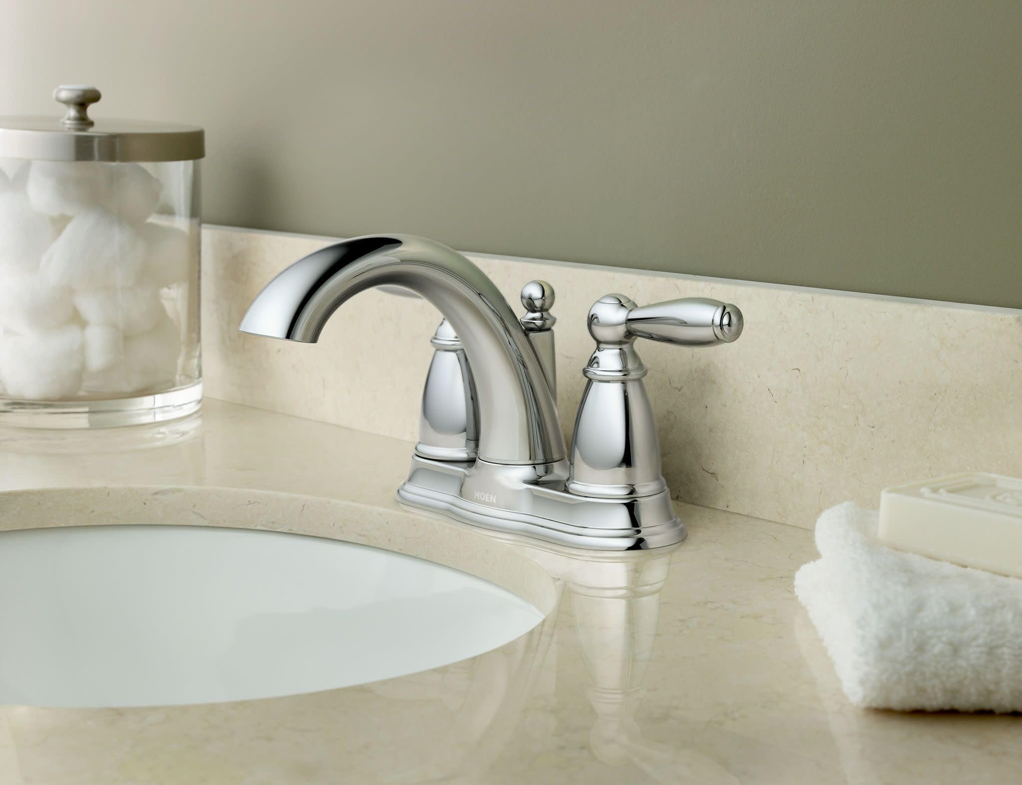Moen Brantford chrome 4-inch centerset fits standard three-hole sinks.