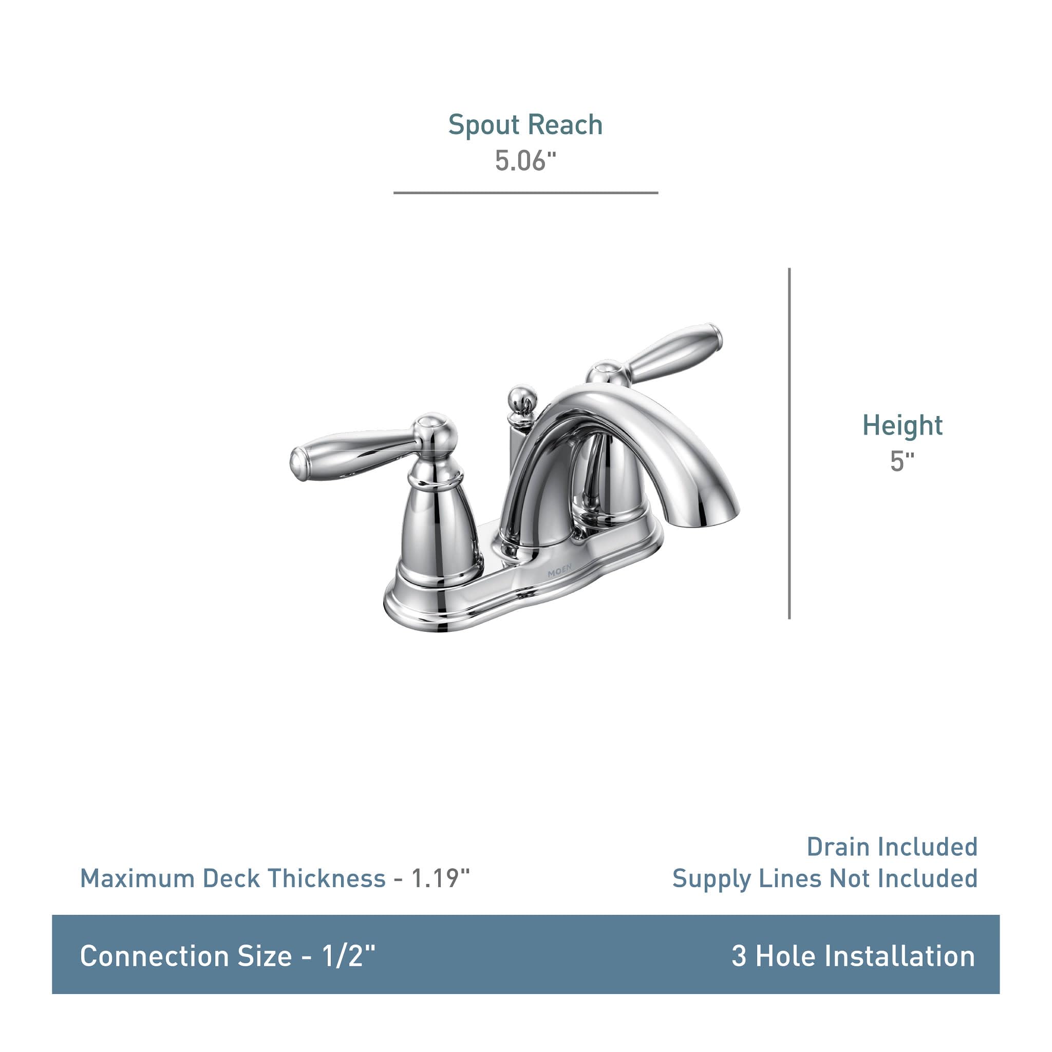 Moen Brantford chrome drain assembly included for quick, reliable installation.