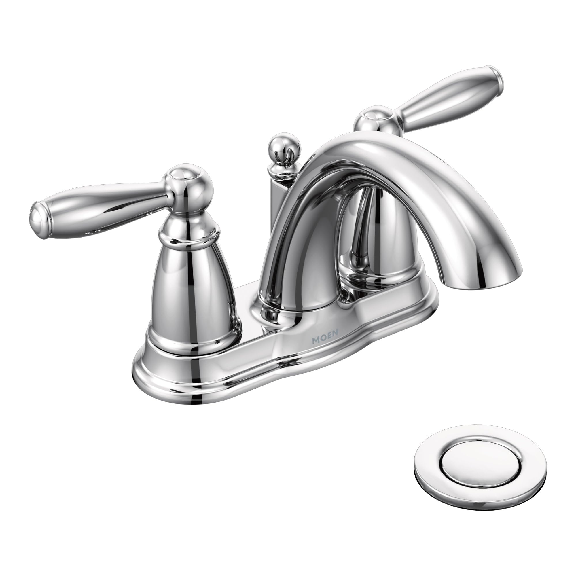 Moen Brantford chrome faucet spout delivers steady aerated water for daily tasks.