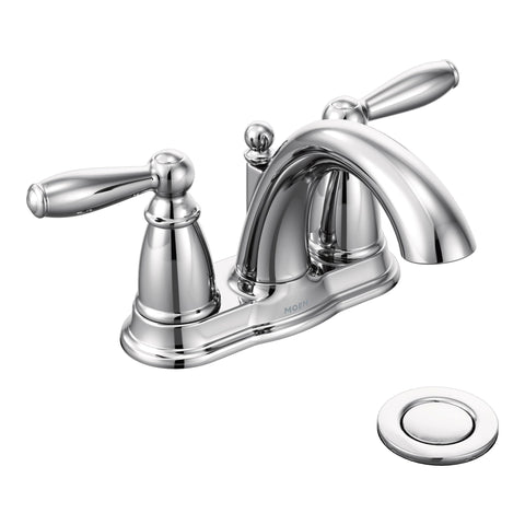 Moen Brantford chrome faucet spout delivers steady aerated water for daily tasks.