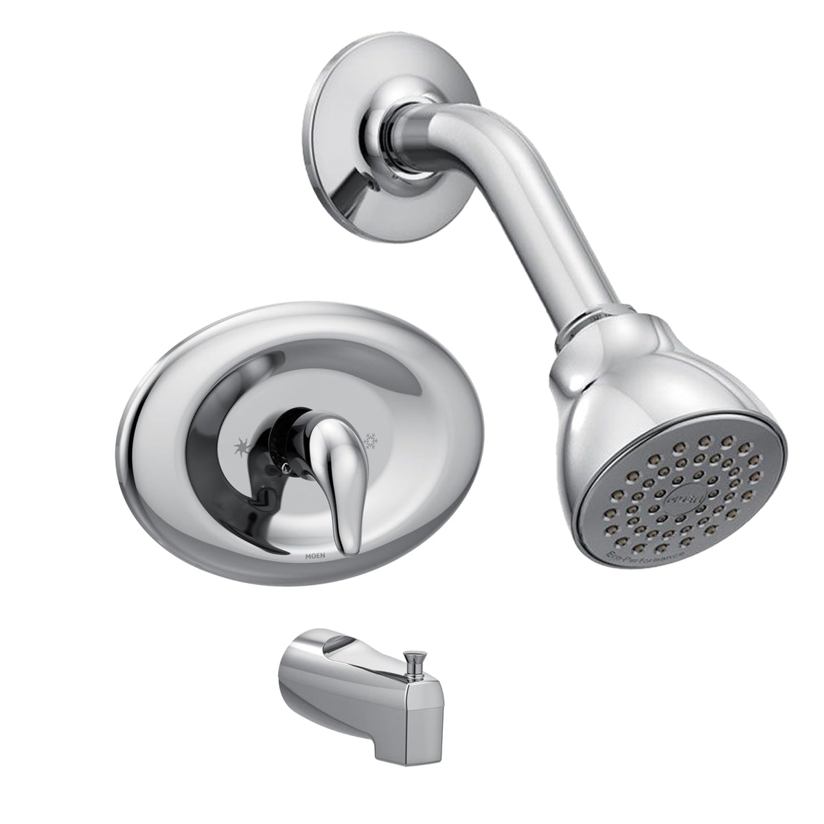 Moen Chateau chrome showerhead delivers steady spray and efficiency.