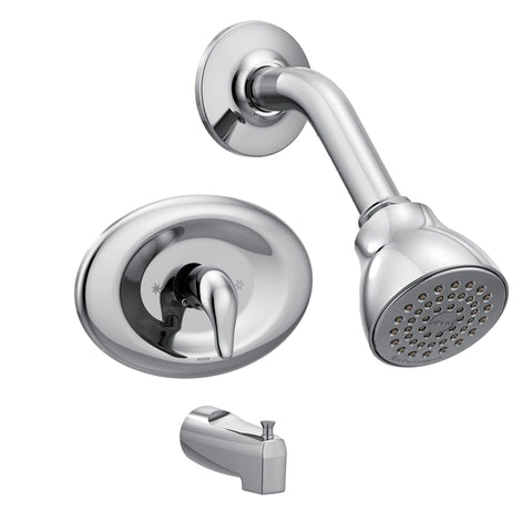 Moen Chateau chrome showerhead delivers steady spray and efficiency.