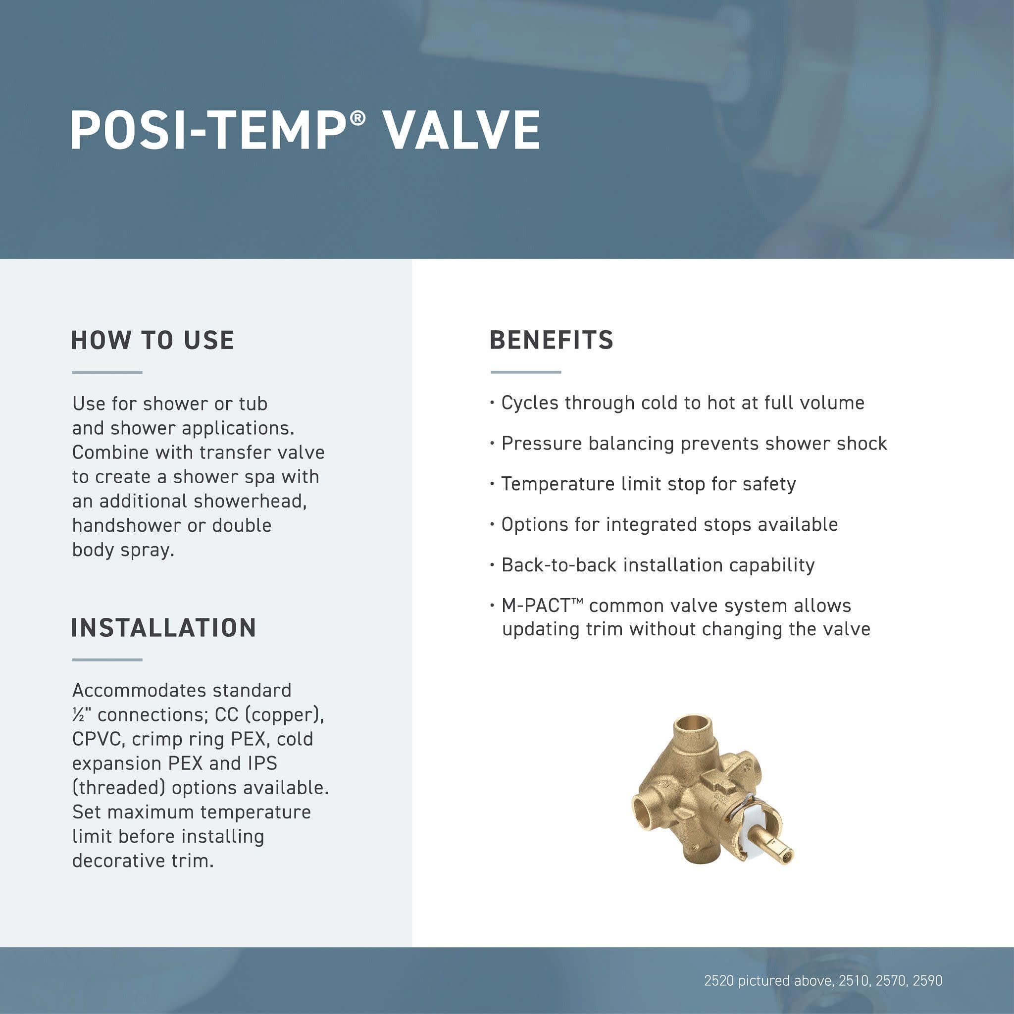 Moen Chateau Chrome valve area indicating straightforward Posi-Temp integration