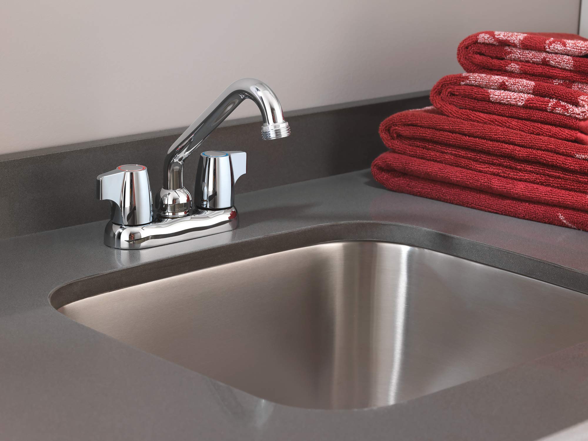 Moen Chateau low-arc spout in chrome for compact spaces.