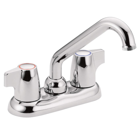 Moen Chateau two-handle utility sink faucet in chrome, ideal for organized laundry tasks.