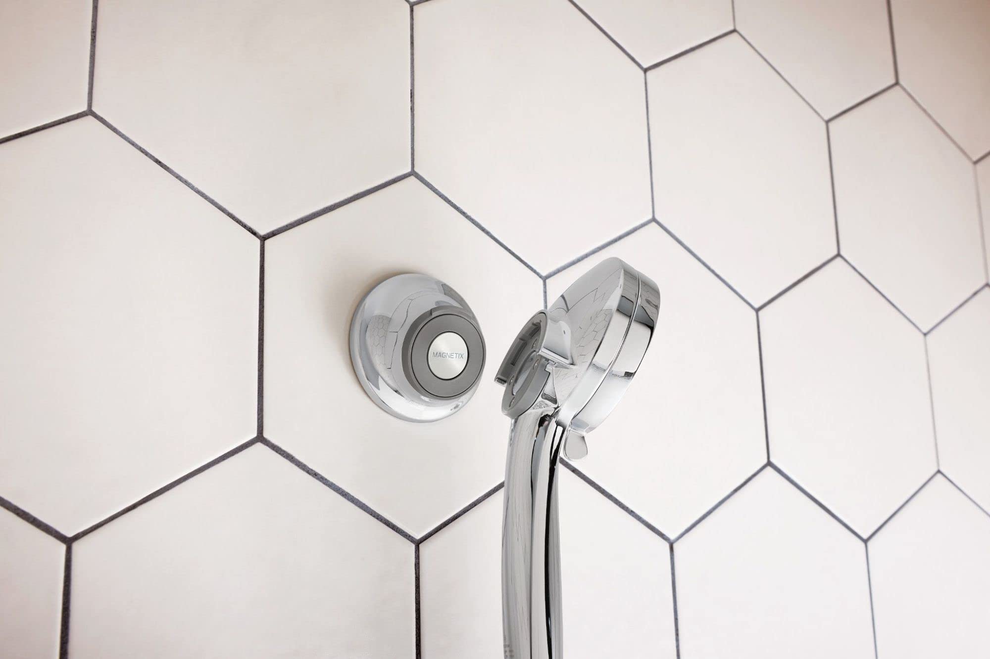 Chrome finish reflects light on Moen Magnetix remote dock