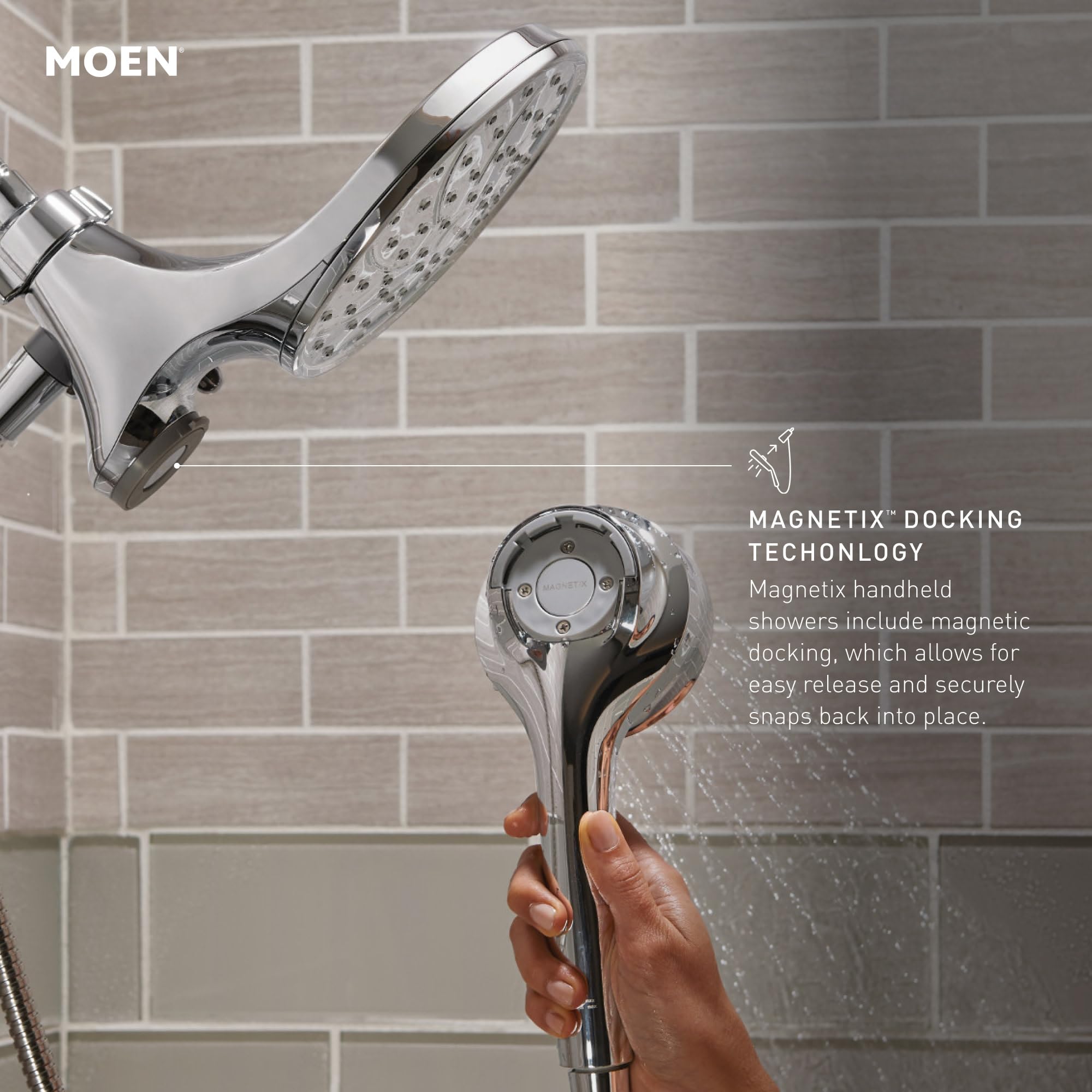 Moen Engage chrome 60-inch hose enables reach across shower and tub edges.