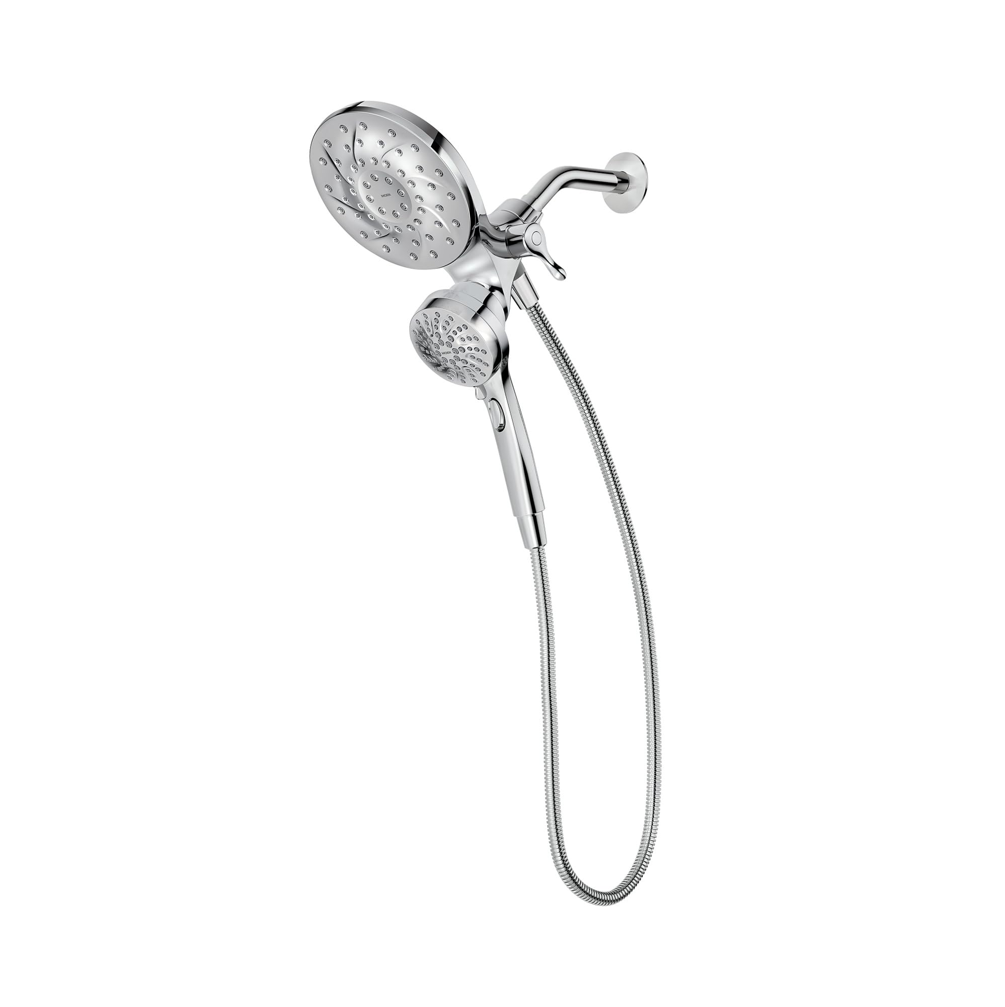 Moen Engage chrome dual-head shower close-up showing flexible 2-in-1 design for varied rinsing.