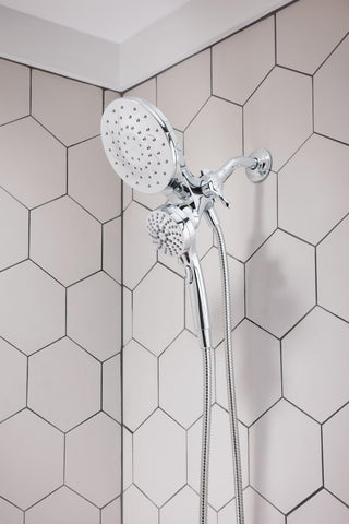 Moen Engage chrome kit highlights easy installation with existing shower arm.