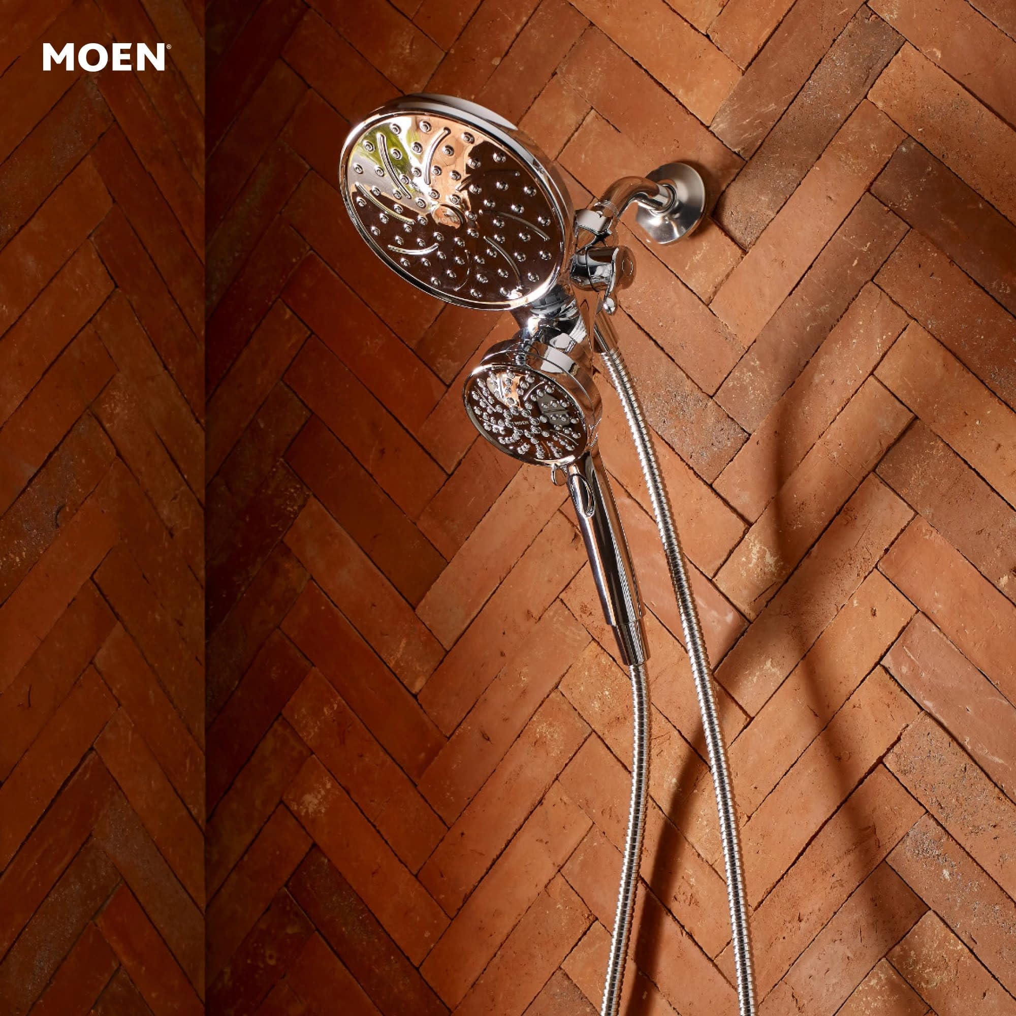 Moen Engage chrome hose-extended image highlighting long, kink-free reach for easy cleaning.