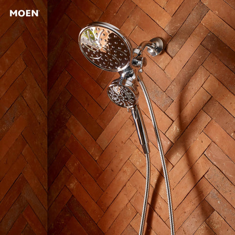 Moen Engage chrome hose-extended image highlighting long, kink-free reach for easy cleaning.