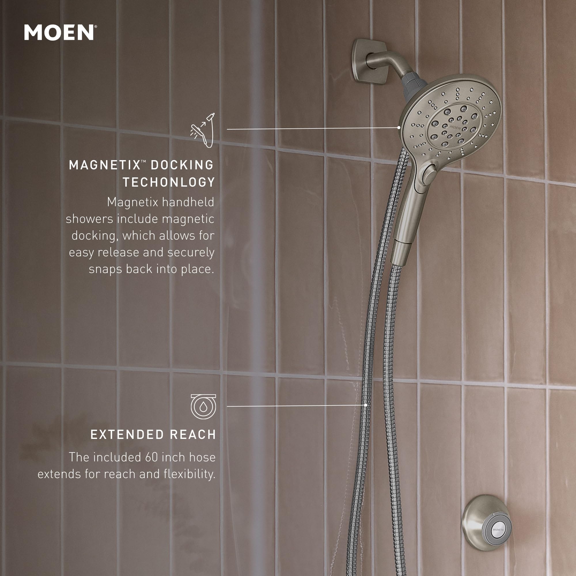 Six spray settings on the Moen Engage Magnetix showerhead