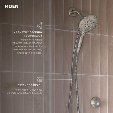Six spray settings on the Moen Engage Magnetix showerhead