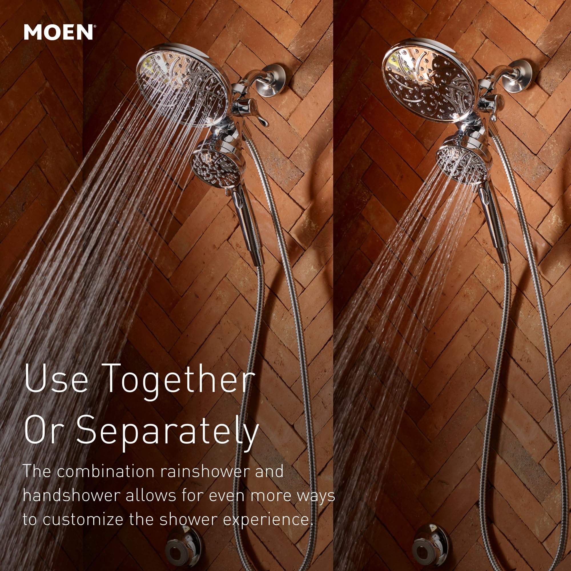 Moen Engage chrome rain shower setting for soothing, spa-like mornings.
