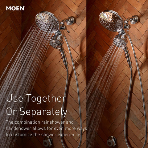 Moen Engage chrome rain shower setting for soothing, spa-like mornings.