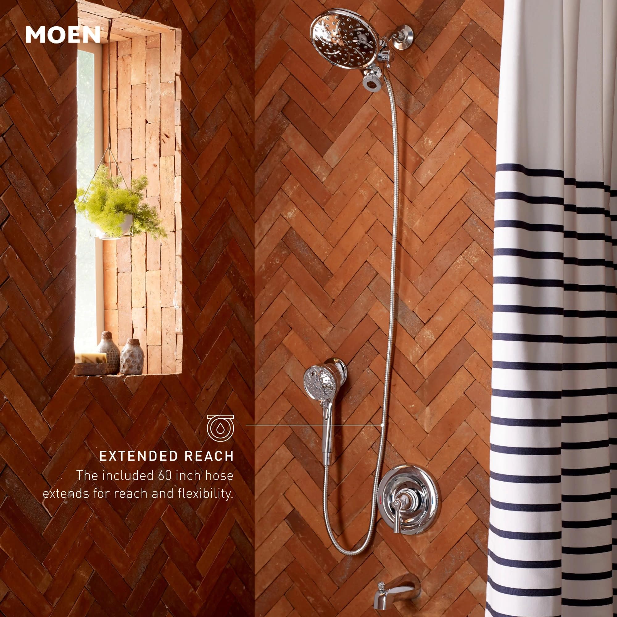 Moen Engage chrome water-flow settings image showcasing six spray options.