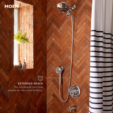 Moen Engage chrome water-flow settings image showcasing six spray options.