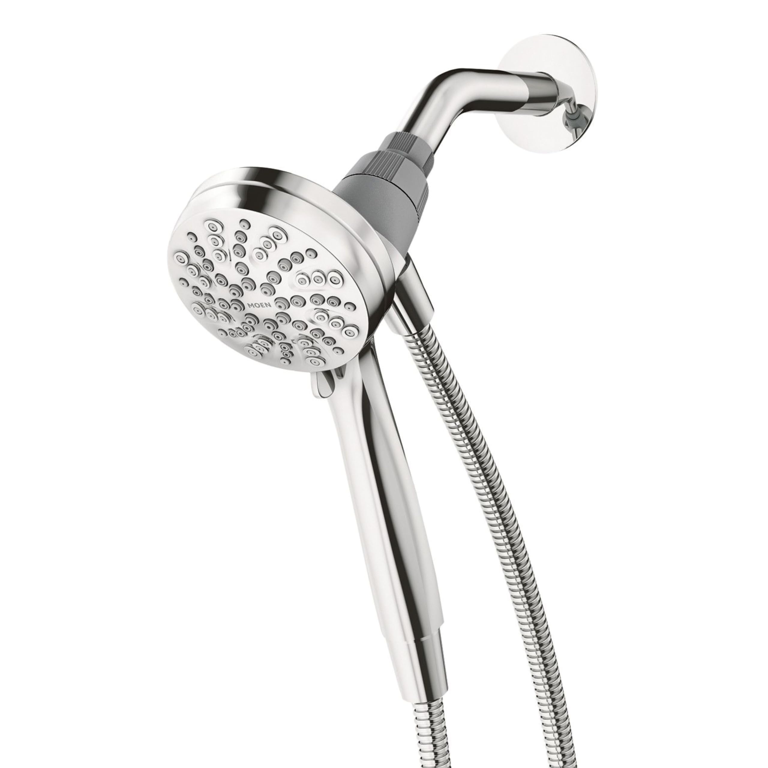 Moen Engage Magnetix base docking shows a magnetic snap for quick, secure handheld docking.